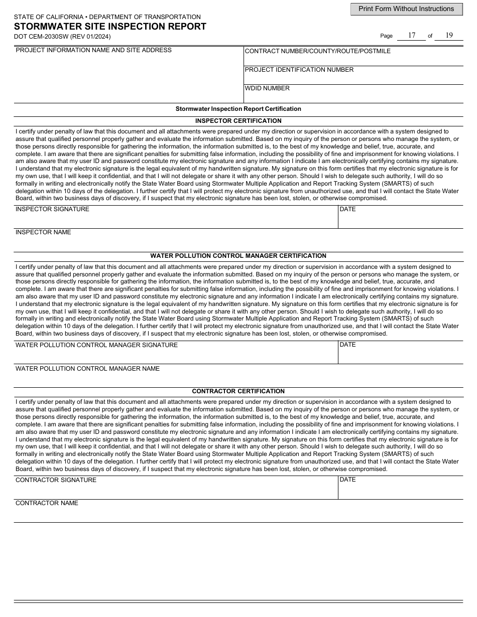 Form DOT CEM-2030SW Stormwater Site Inspection Report - California, Page 17