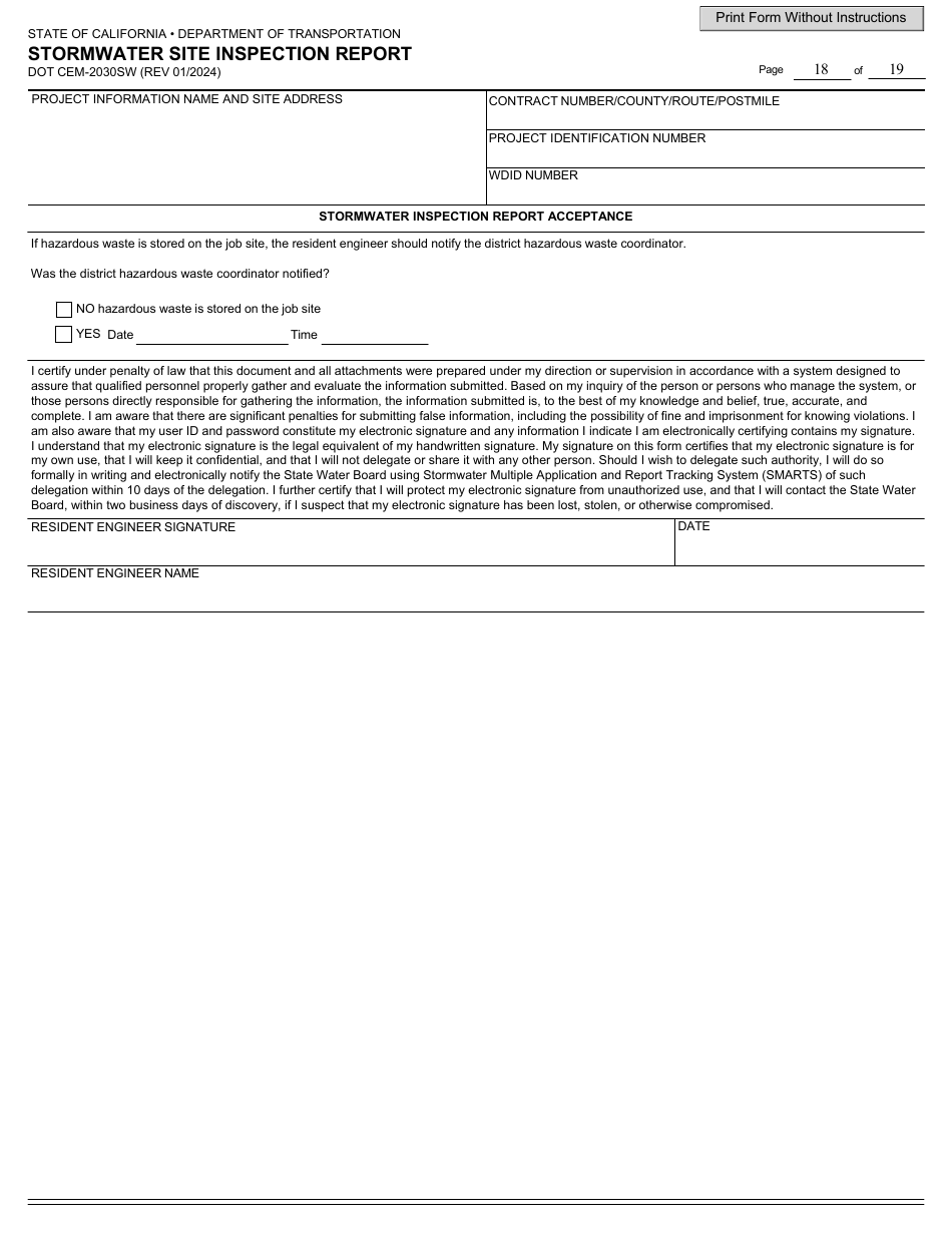 Form DOT CEM-2030SW Stormwater Site Inspection Report - California, Page 18