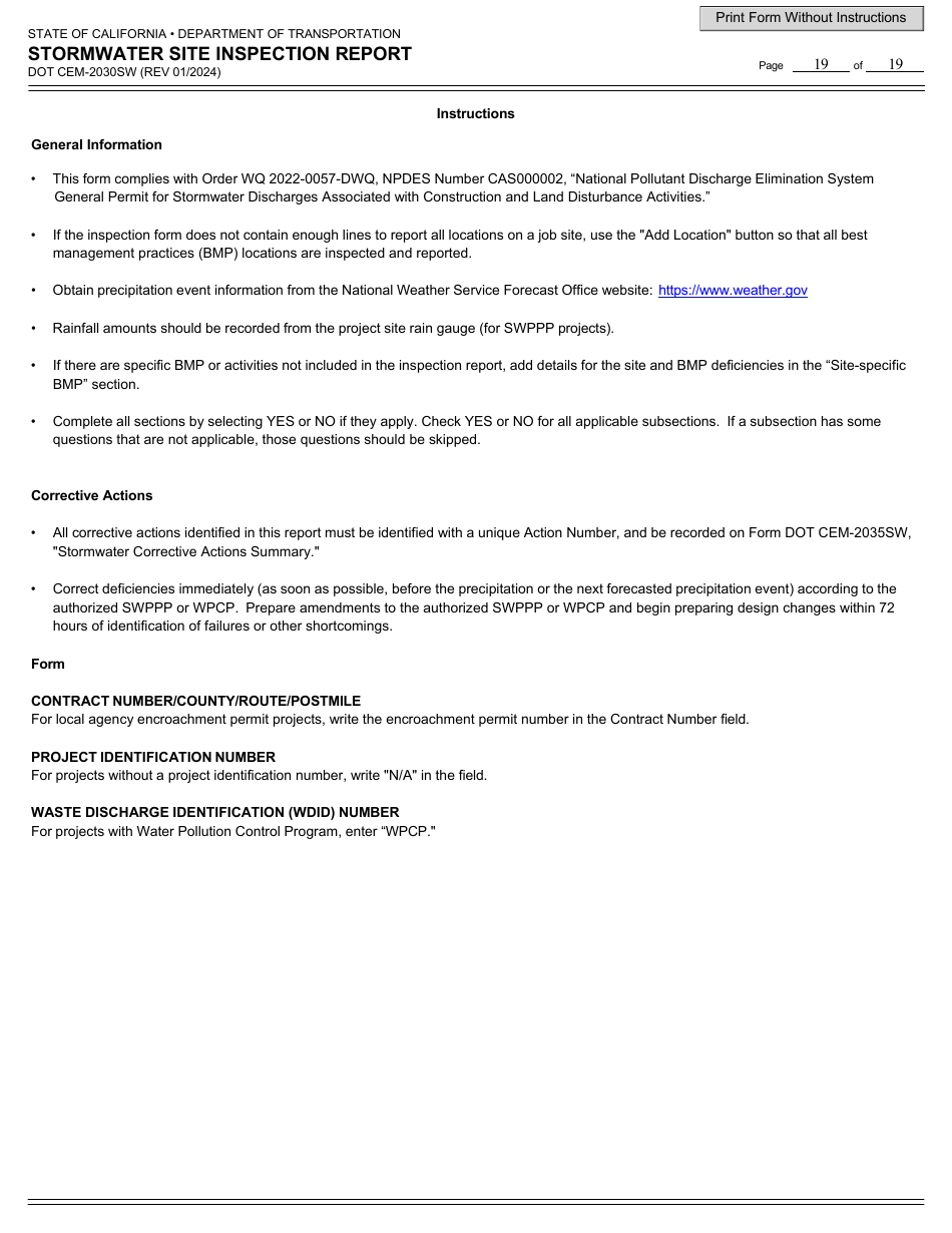 Form DOT CEM-2030SW Stormwater Site Inspection Report - California, Page 19