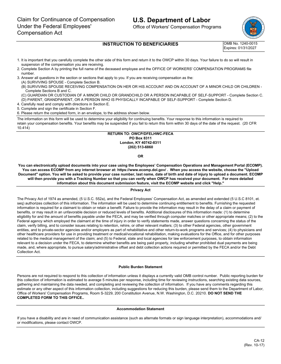 Form CA-12 Claim for Continuance of Compensation Under the Federal Employees Compensation Act, Page 1