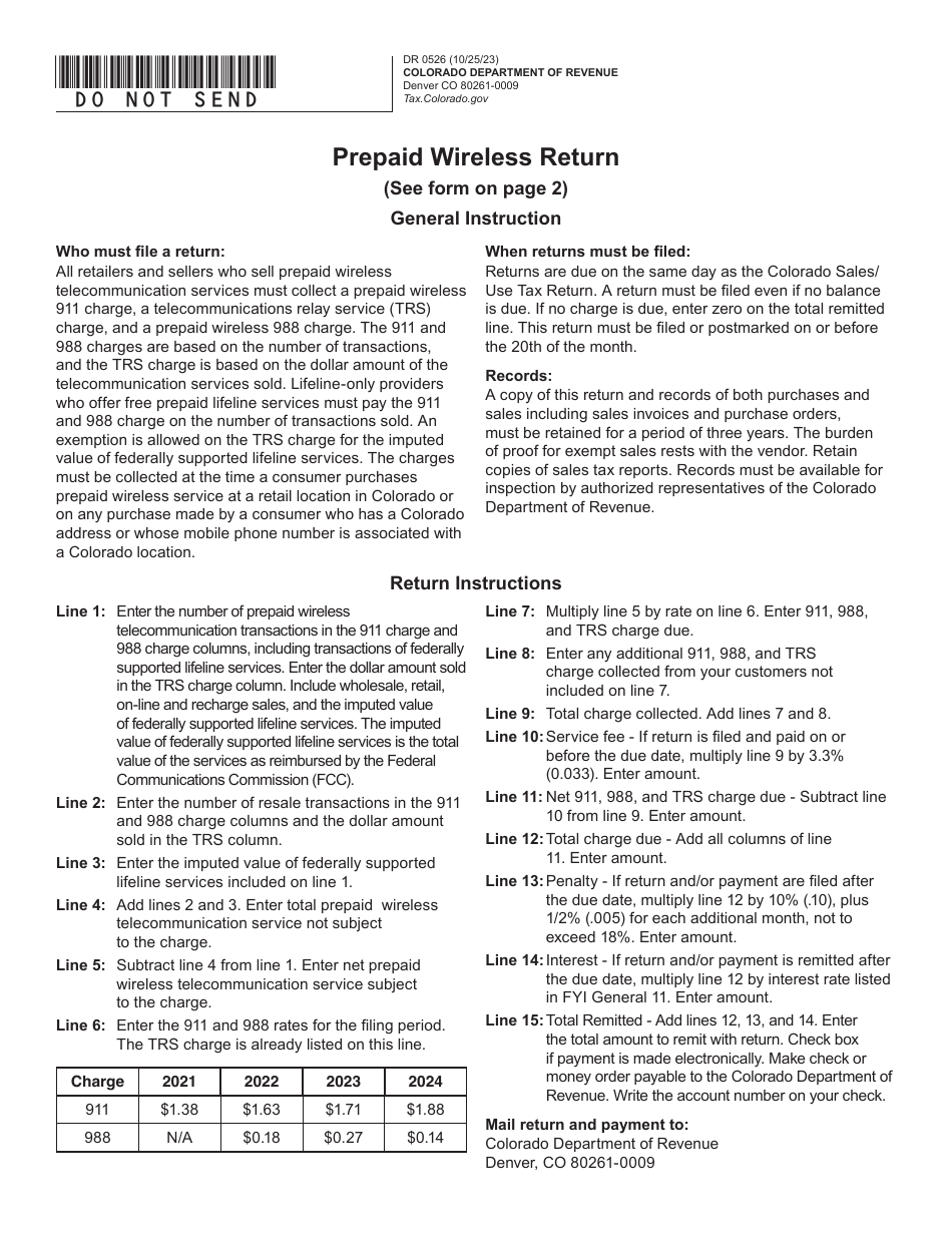Form DR0526 Prepaid Wireless Return - Colorado, Page 1