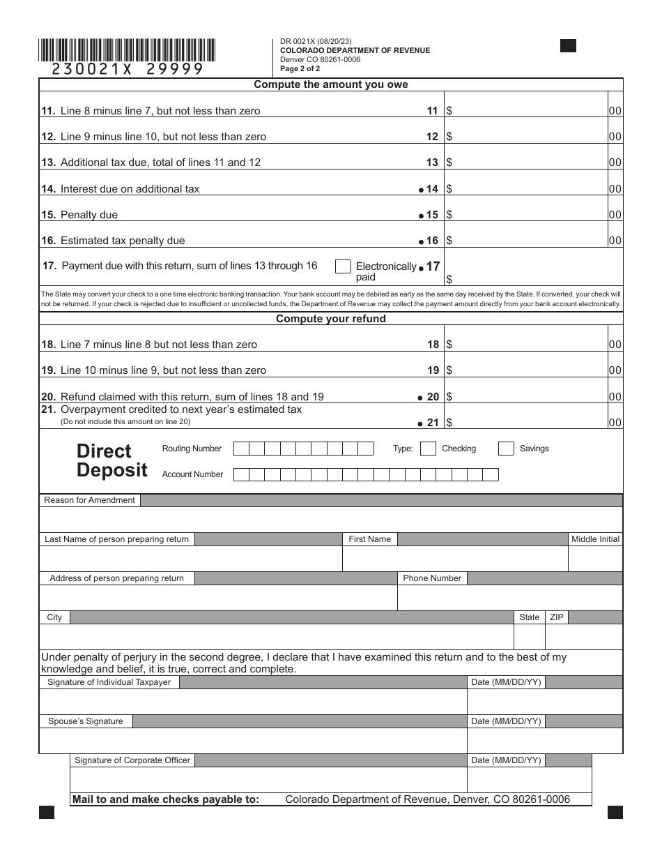 Form Dr0021x Download Fillable Pdf Or Fill Online Amended Colorado Oil 