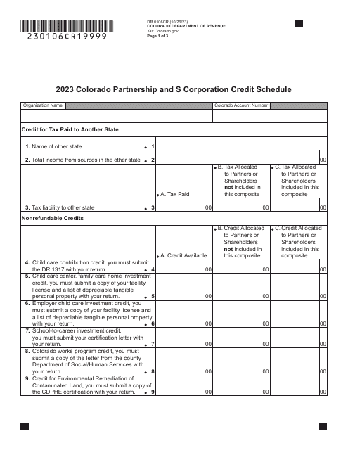 Form DR0106CR Colorado Partnership and S Corporation Credit Schedule - Colorado, 2023