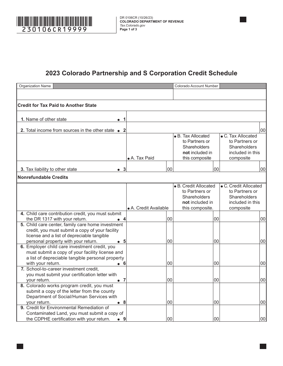 Form DR0106CR Colorado Partnership and S Corporation Credit Schedule - Colorado, Page 1
