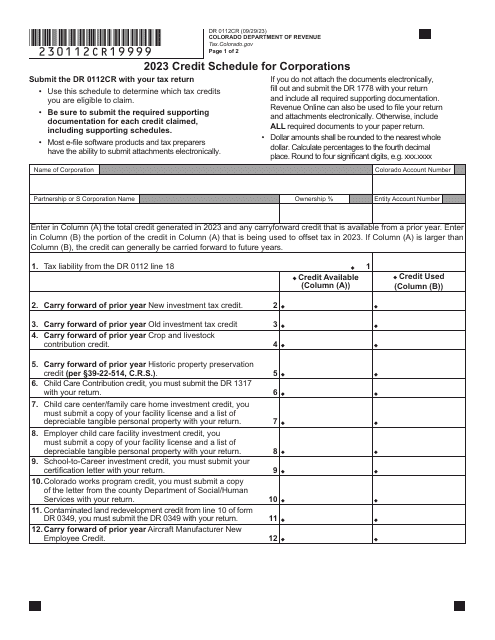 Form DR0112CR Credit Schedule for Corporations - Colorado, 2023
