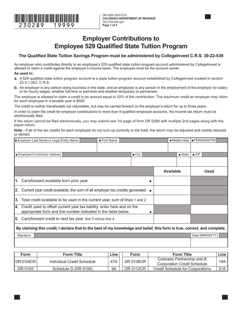 Form DR0289 Employer Contributions to Employee 529 Qualified State Tuition Program - Colorado, Page 1