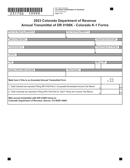 Form DR1706 Annual Transmittal of Dr 0106k - Colorado K-1 Forms - Colorado, 2023