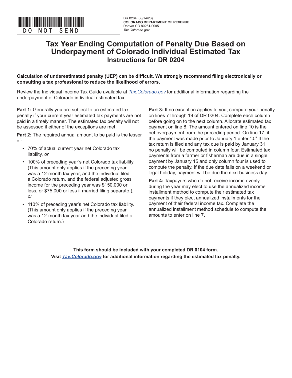 Form DR0204 Tax Year Ending Computation of Penalty Due Based on Underpayment of Colorado Individual Estimated Tax - Colorado, Page 1