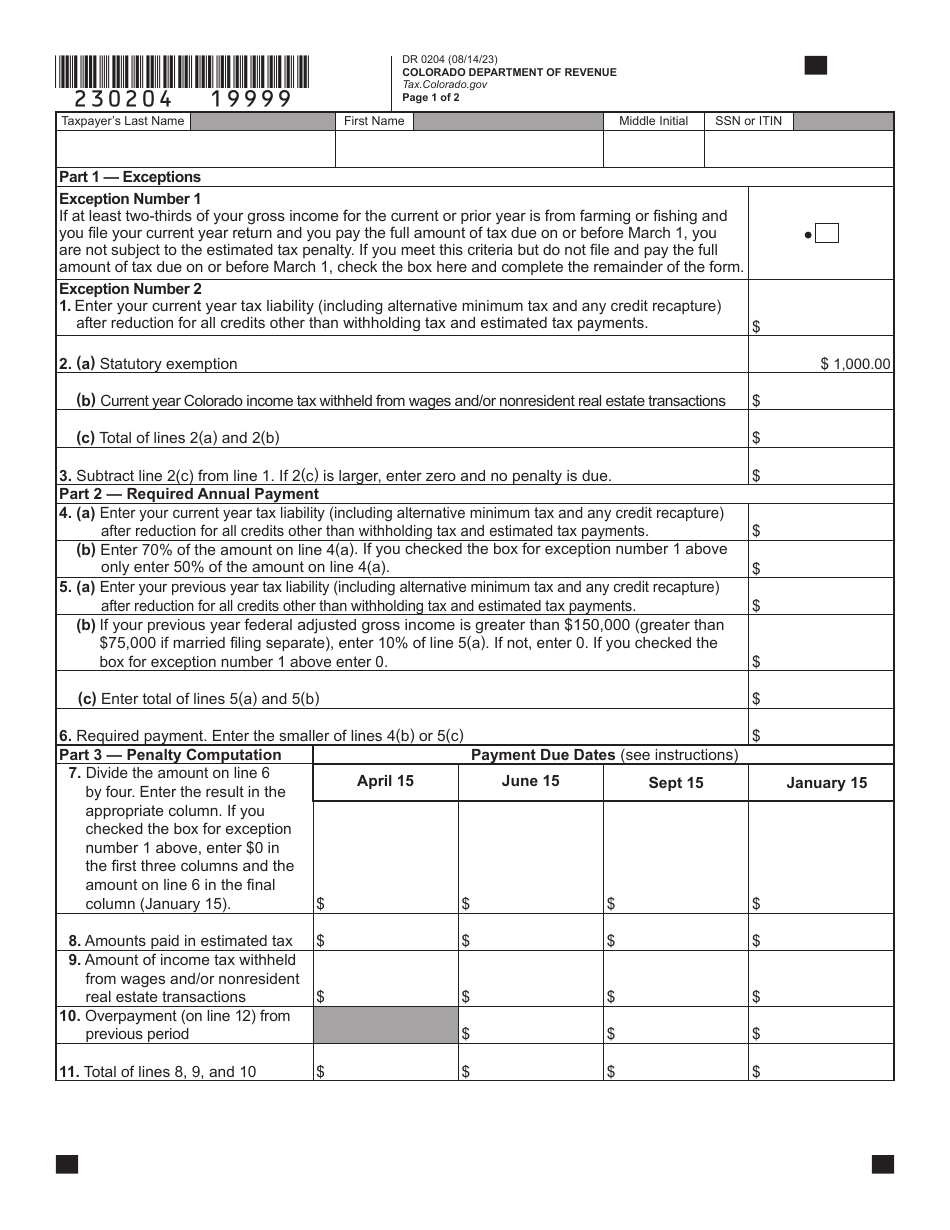 Form DR0204 Tax Year Ending Computation of Penalty Due Based on Underpayment of Colorado Individual Estimated Tax - Colorado, Page 2