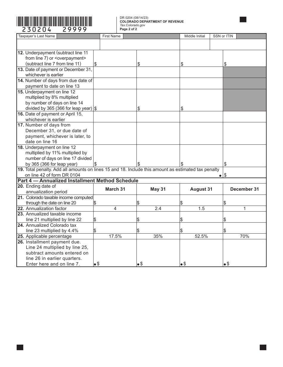 Form DR0204 Tax Year Ending Computation of Penalty Due Based on Underpayment of Colorado Individual Estimated Tax - Colorado, Page 3