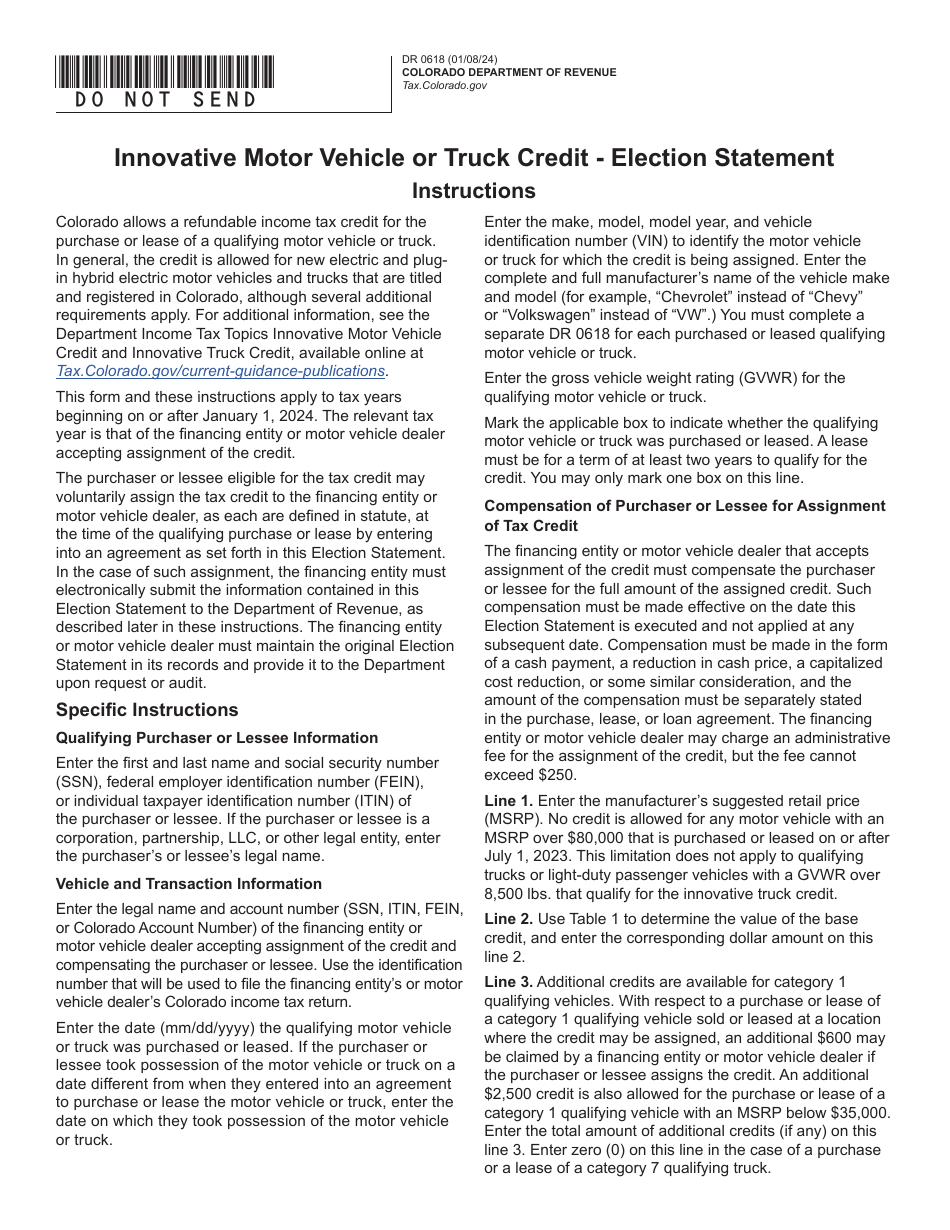 Form DR0618 Innovative Motor Vehicle Tax Credit - Election Statement - Colorado, Page 1