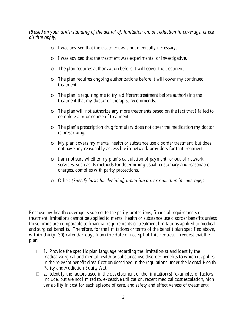 Form to Request Documentation From an Employer-Sponsored Health Plan or a Group or Individual Market Insurer Concerning Treatment Limitations, Page 5