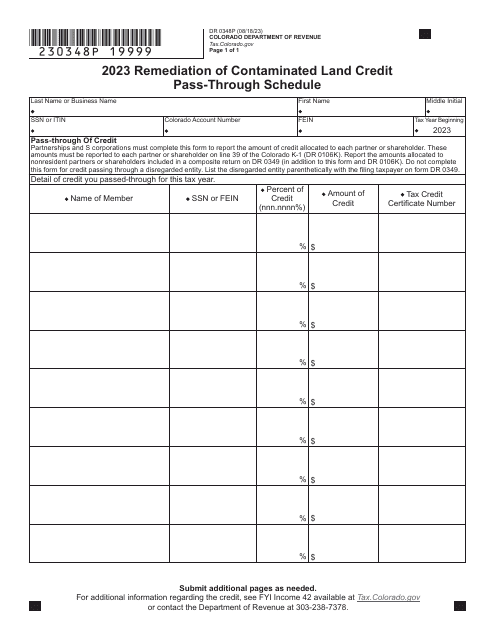 Form DR0348P Remediation of Contaminated Land Credit Pass-Through Schedule - Colorado, 2023