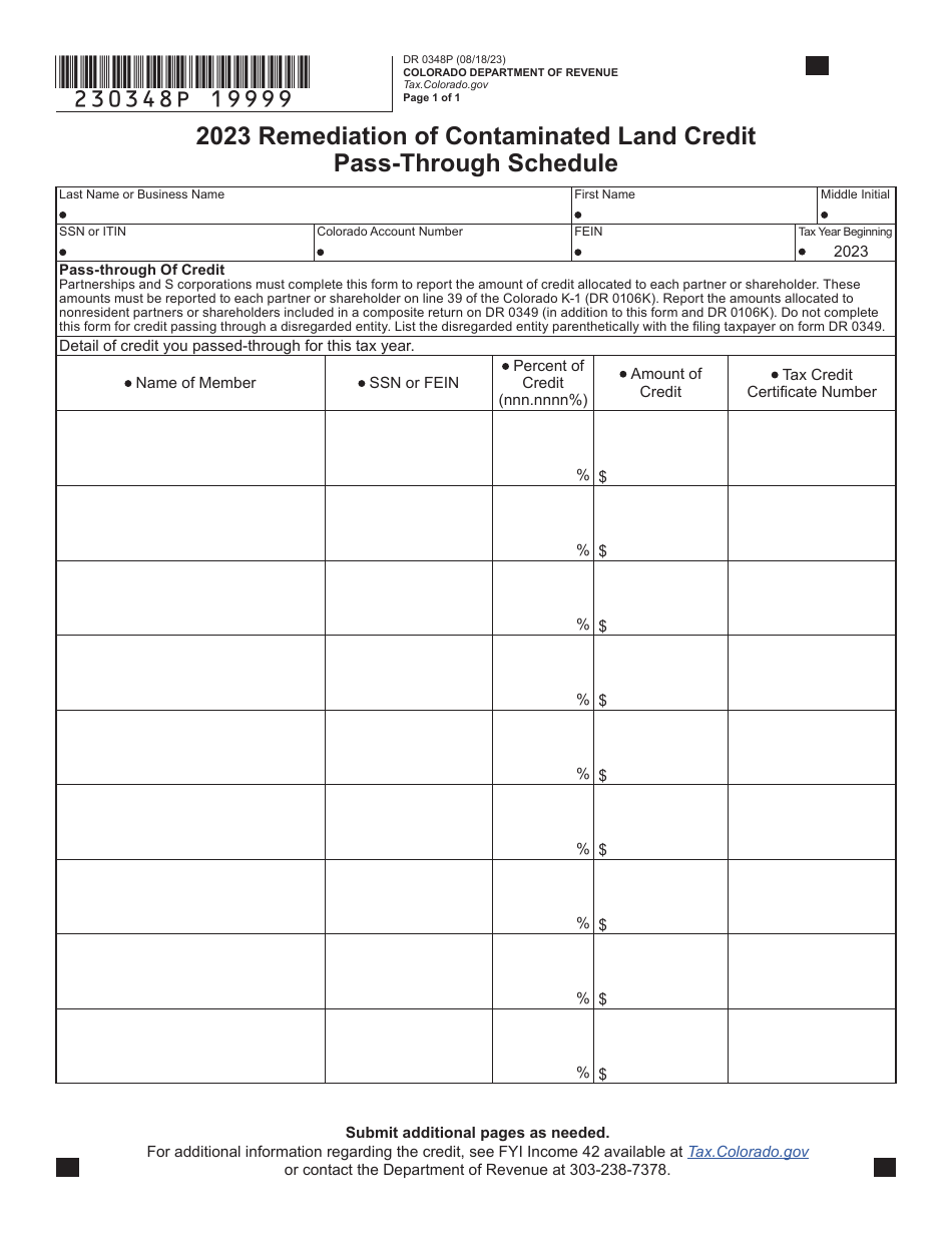 Form DR0348P Remediation of Contaminated Land Credit Pass-Through Schedule - Colorado, Page 1