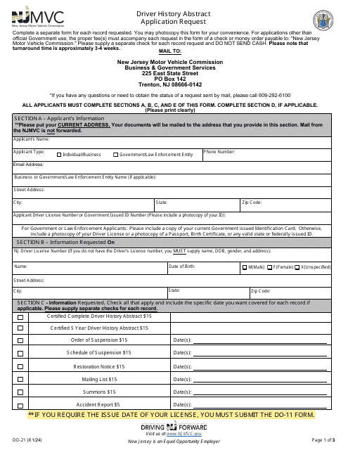 Form DO-21 Driver History Abstract Application Request - New Jersey