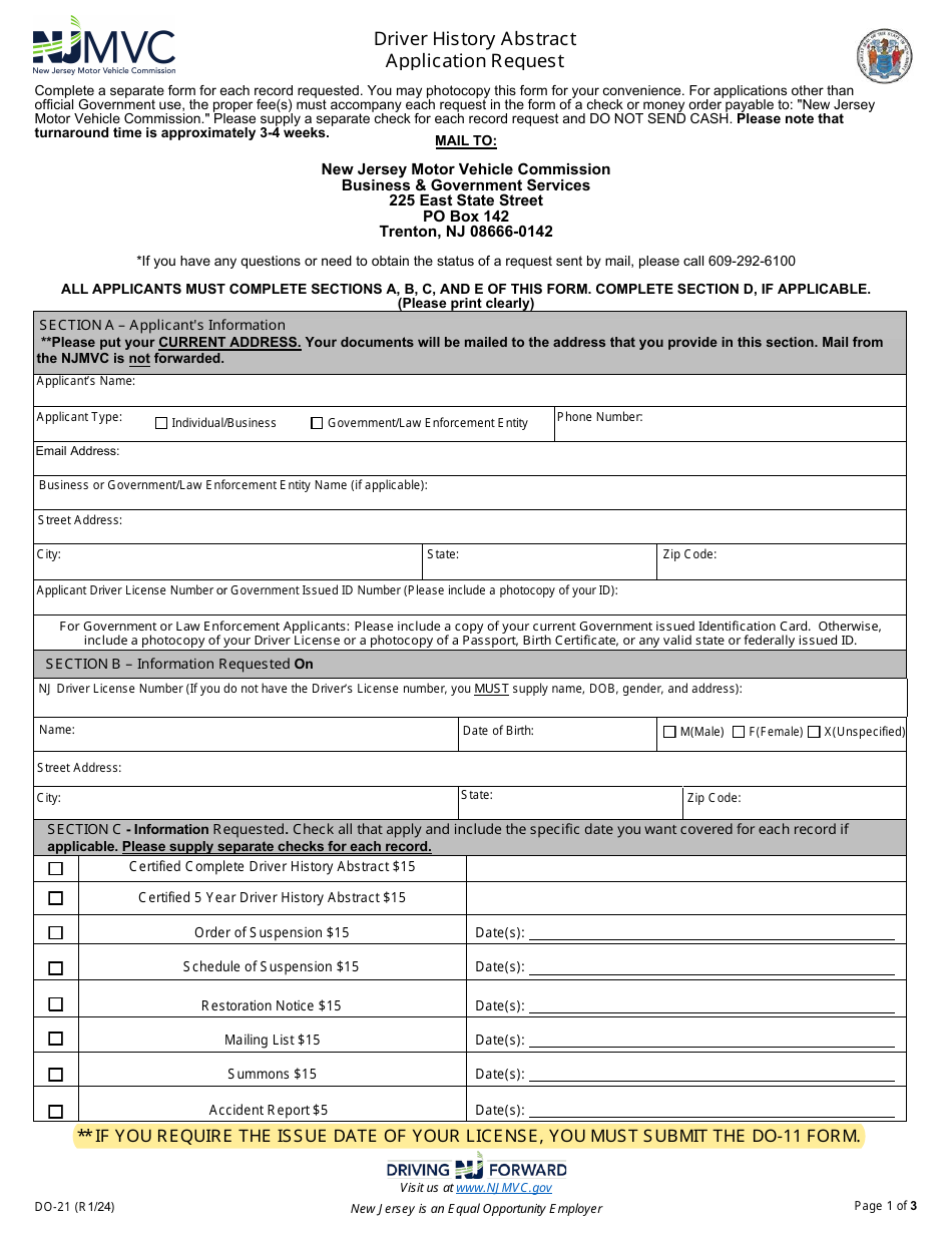 Form DO-21 Download Fillable PDF or Fill Online Driver History Abstract ...