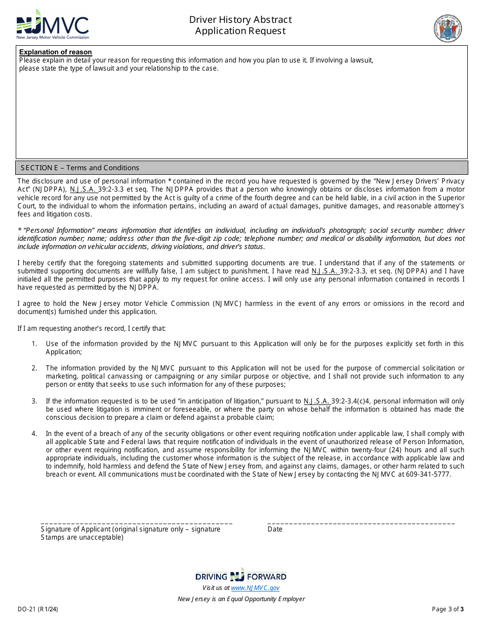 Form DO-21 Driver History Abstract Application Request - New Jersey, Page 3