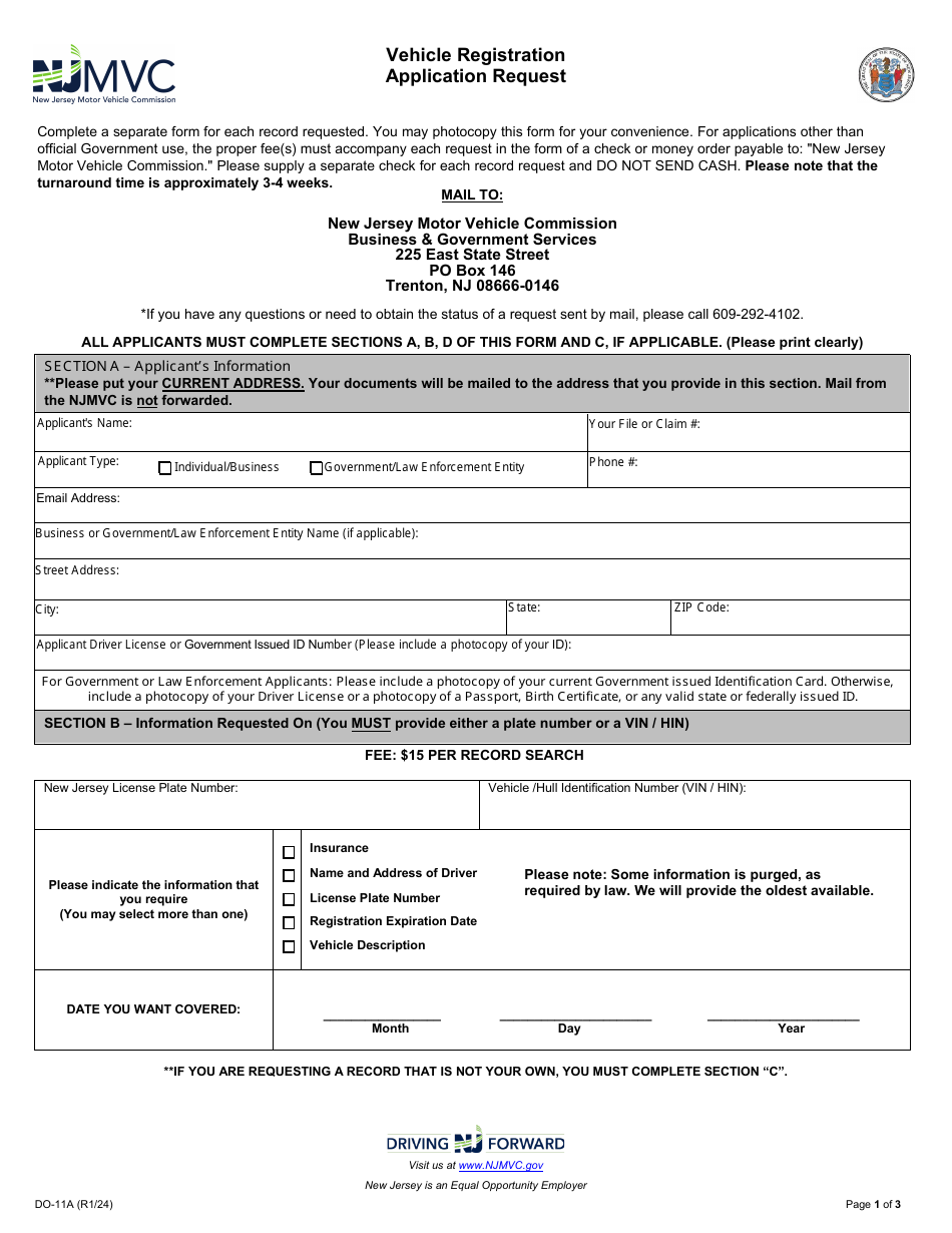 Form DO-11A Download Fillable PDF or Fill Online Vehicle Registration ...