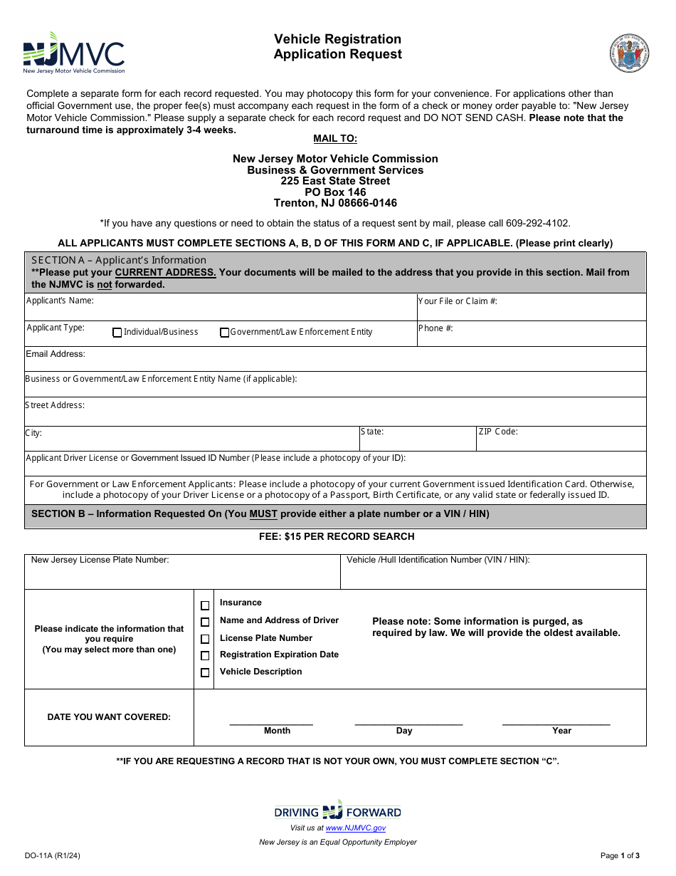 Form DO-11A Vehicle Registration Application Request - New Jersey, Page 1