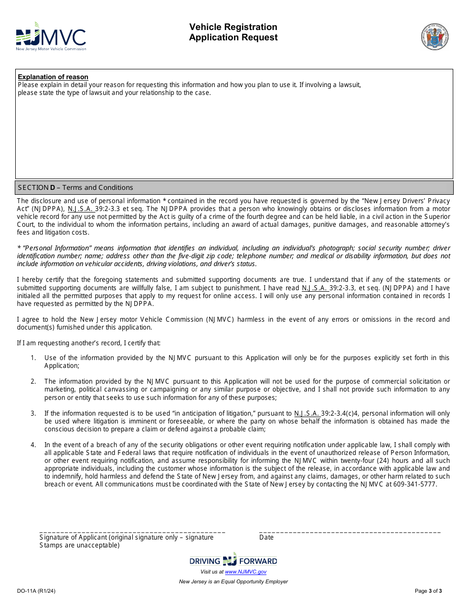 Form DO-11A Vehicle Registration Application Request - New Jersey, Page 3
