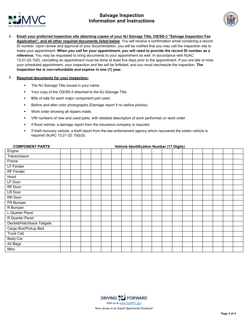 Form OS / SS-3 Salvage Inspection Fee Application - New Jersey, Page 3