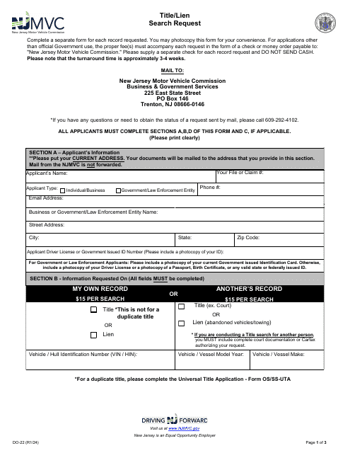Form DO-22 Title/Lien Search Request - New Jersey