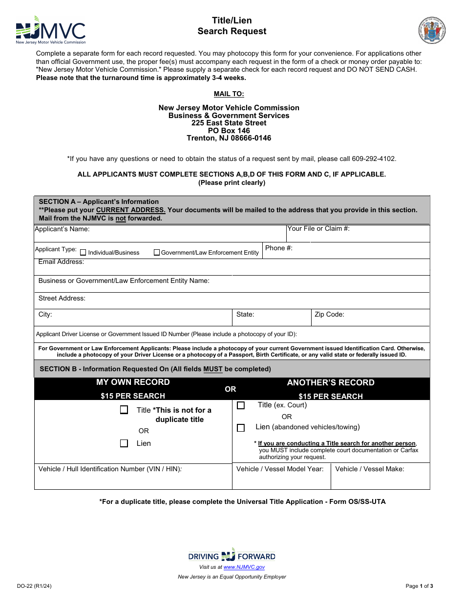 Form DO-22 Title / Lien Search Request - New Jersey, Page 1