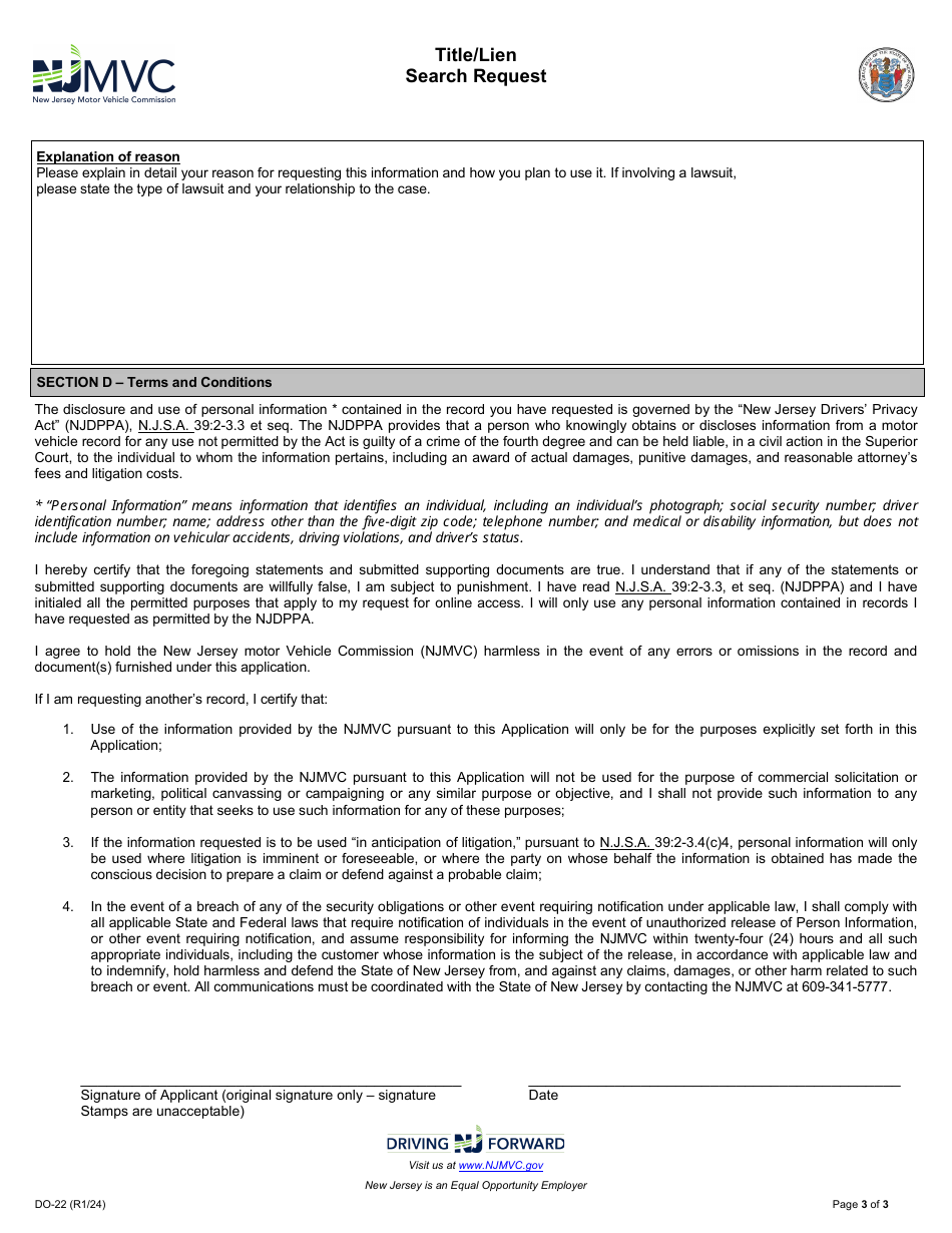 Form DO-22 Title / Lien Search Request - New Jersey, Page 3