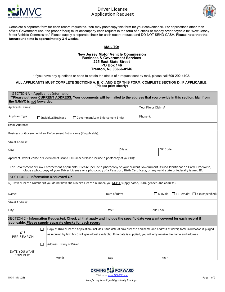 Form DO-11 Driver License Application Request - New Jersey, Page 1
