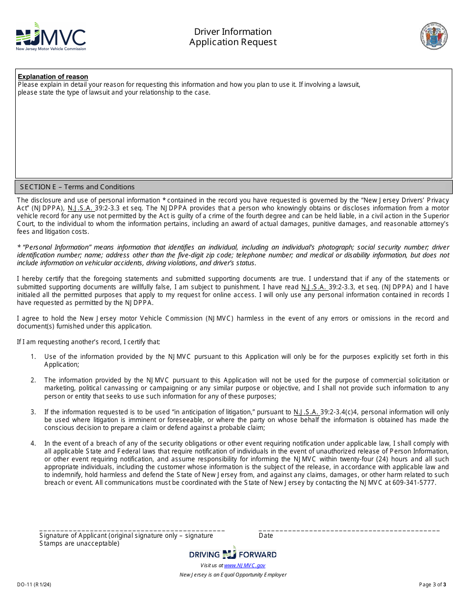 Form Do 11 Download Fillable Pdf Or Fill Online Driver License Application Request New Jersey 0970