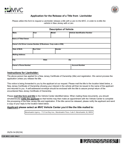 Form OS/SS-54 Application for the Release of a Title From Lienholder - New Jersey