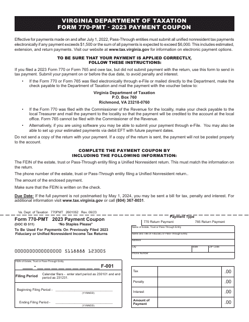 Form 770-PMT Payment Coupon - Virginia, 2023