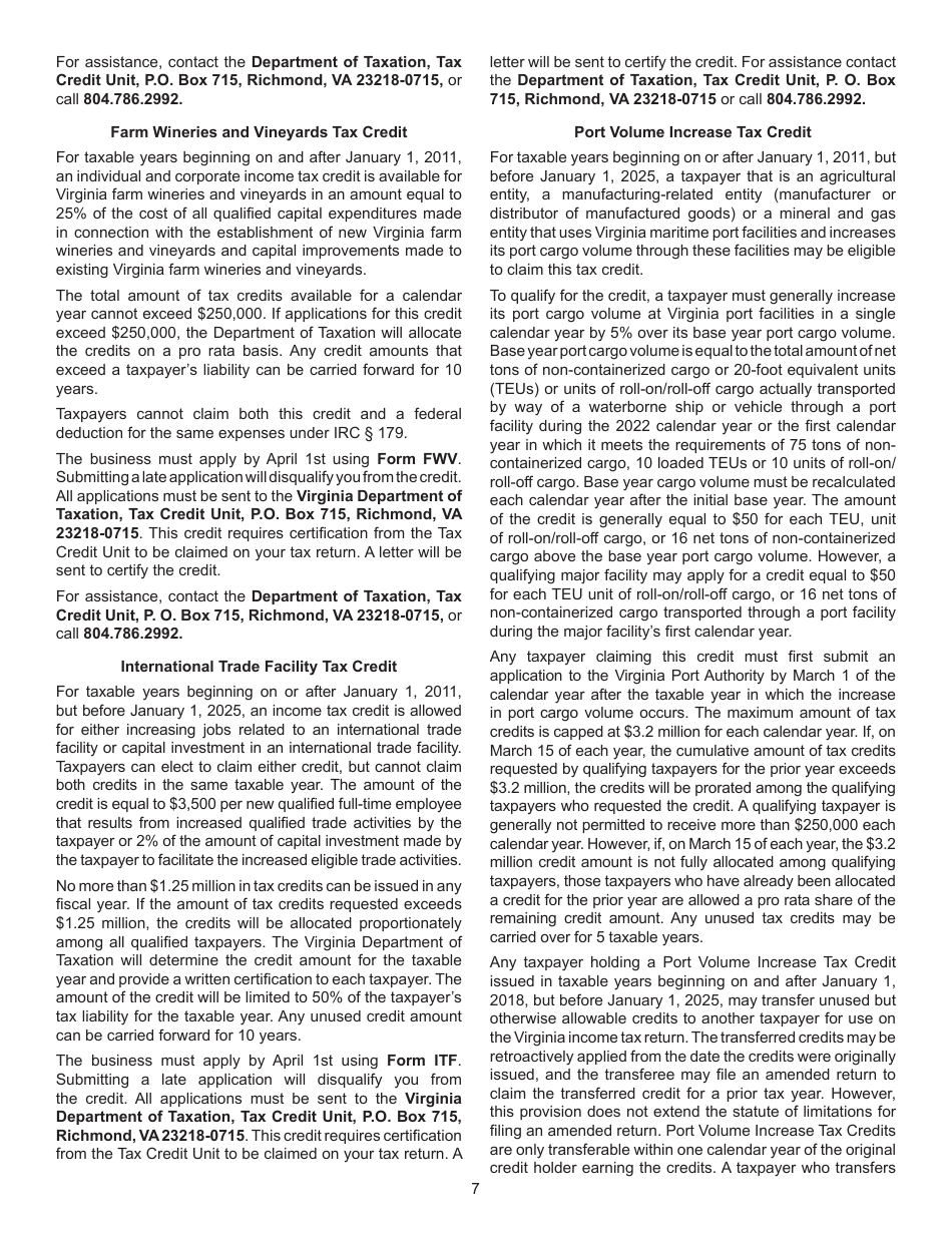 Instructions for Schedule CR Credit Computation Schedule - Virginia, Page 7