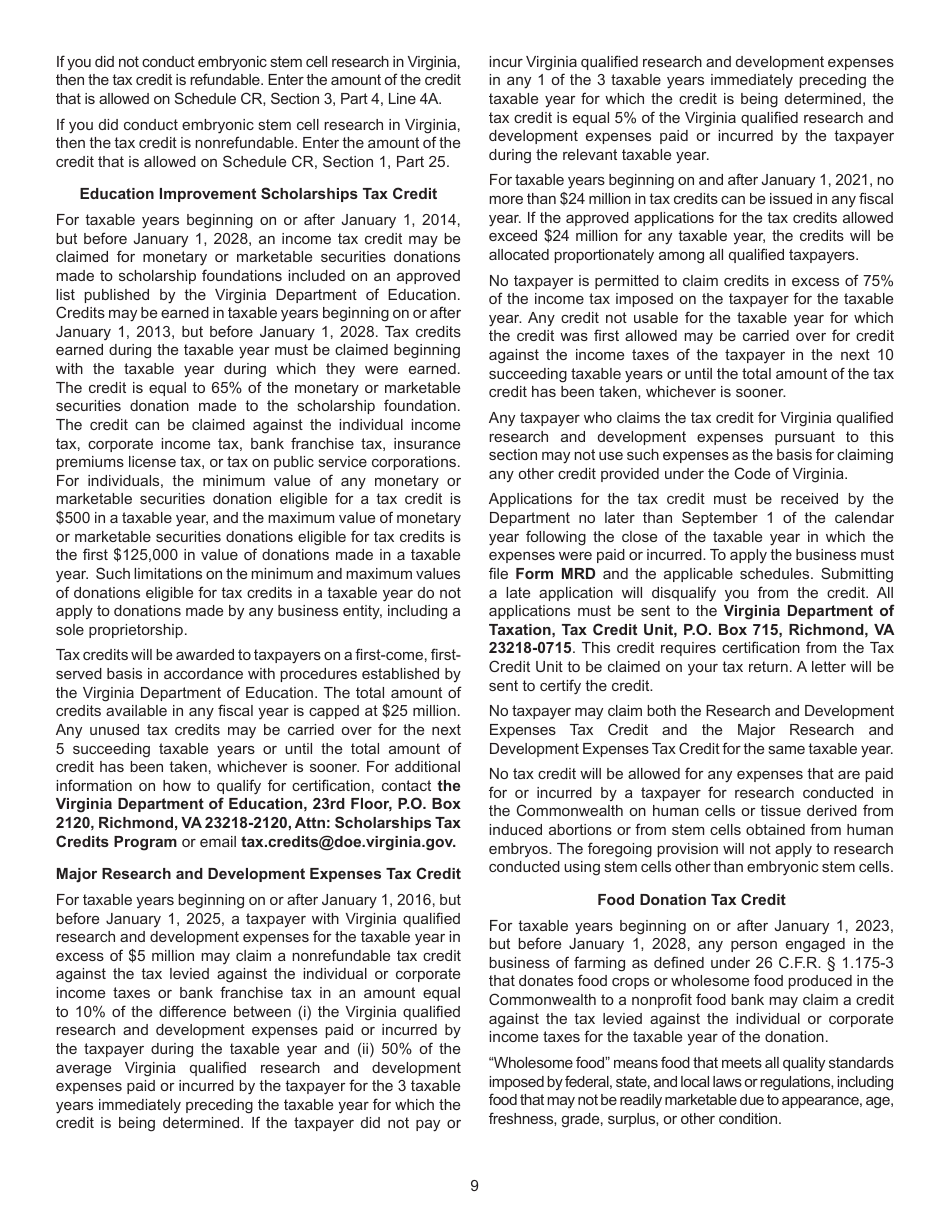 Instructions for Schedule CR Credit Computation Schedule - Virginia, Page 9