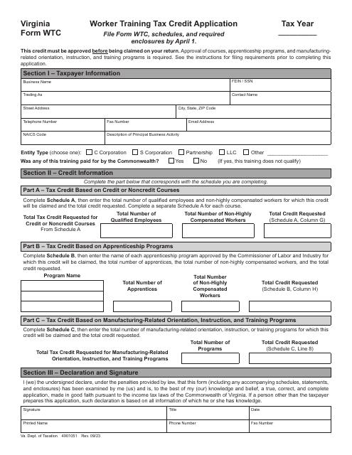 Form WTC Worker Training Tax Credit Application - Virginia