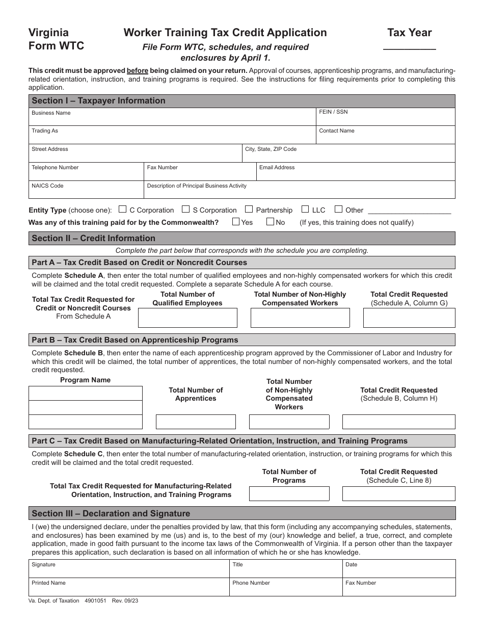 Form WTC Worker Training Tax Credit Application - Virginia, Page 1