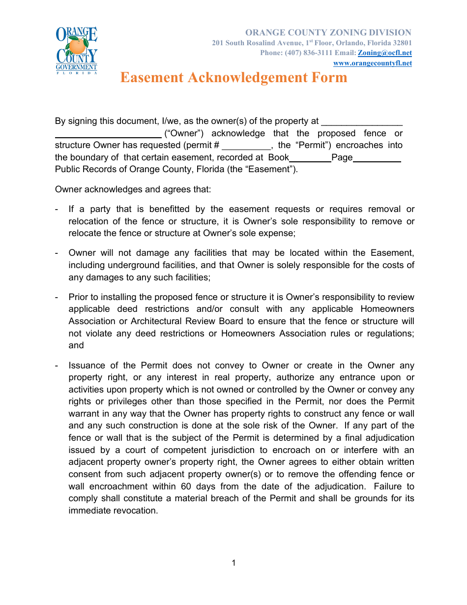 Easement Acknowledgement Form - Orange County, Florida, Page 1