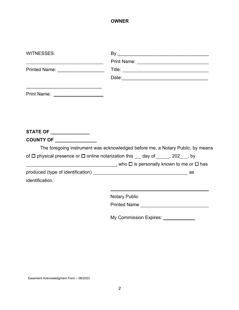 Easement Acknowledgement Form - Orange County, Florida, Page 2