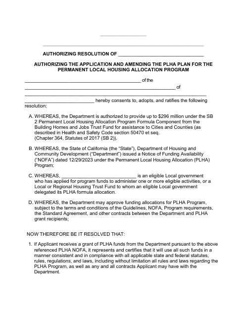 Plan Amendment Resolution - Permanent Local Housing Allocation Program (Plha) - California, 2024