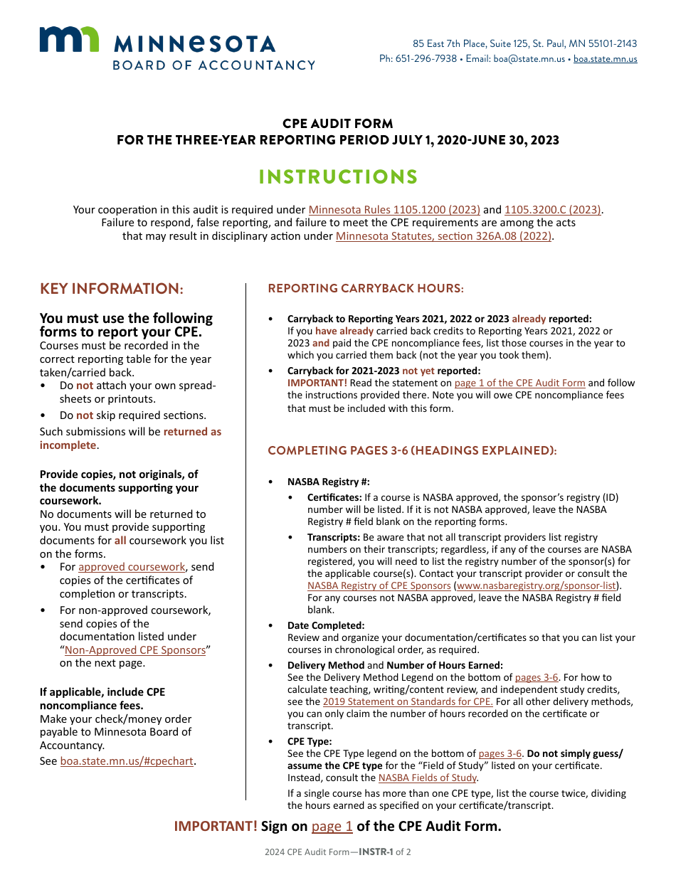 Cpe Audit Form for the Three-Year Reporting Period July 1, 2020 - June 30, 2023 - Minnesota, Page 1