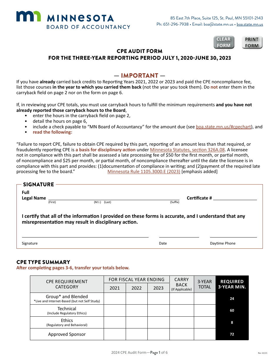 Cpe Audit Form for the Three-Year Reporting Period July 1, 2020 - June 30, 2023 - Minnesota, Page 3