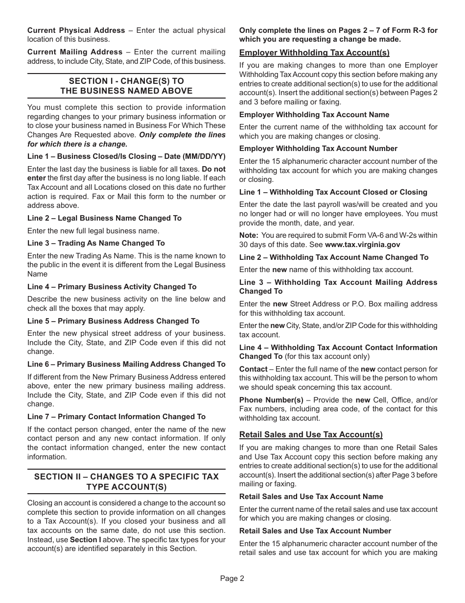 Instructions for Form R-3 Change to a Registered Business and / or Tax Account - Virginia, Page 2