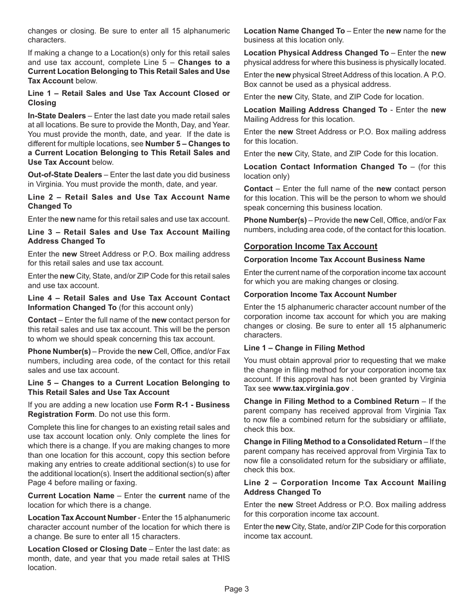 Instructions for Form R-3 Change to a Registered Business and / or Tax Account - Virginia, Page 3