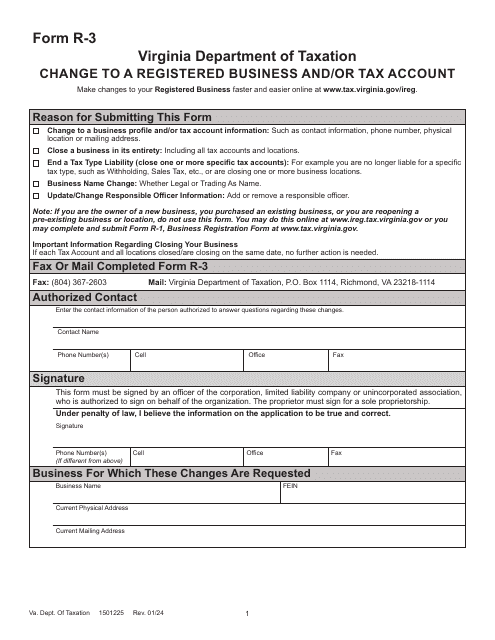 Form R-3 Change to a Registered Business and/or Tax Account - Virginia