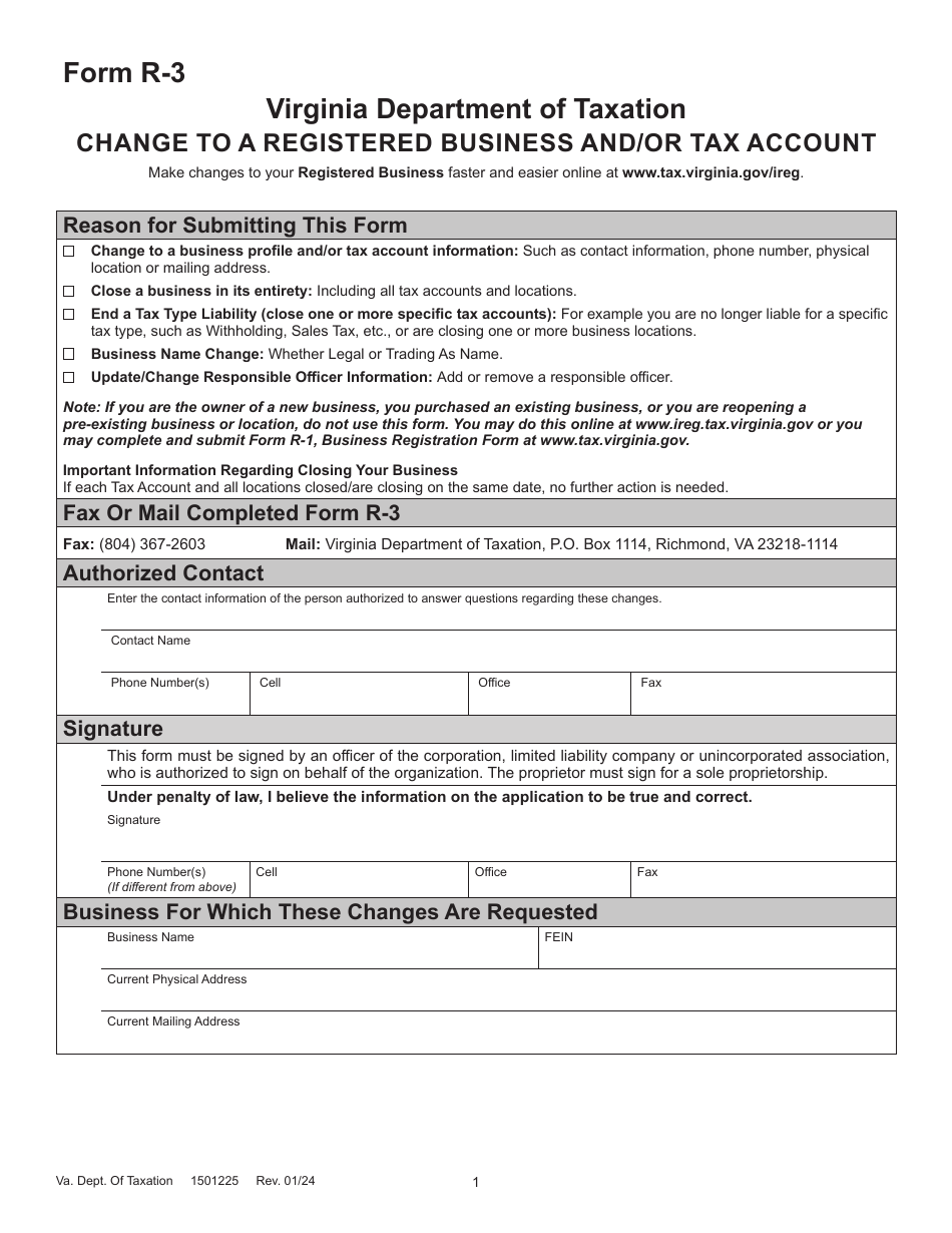Form R-3 Change to a Registered Business and / or Tax Account - Virginia, Page 1