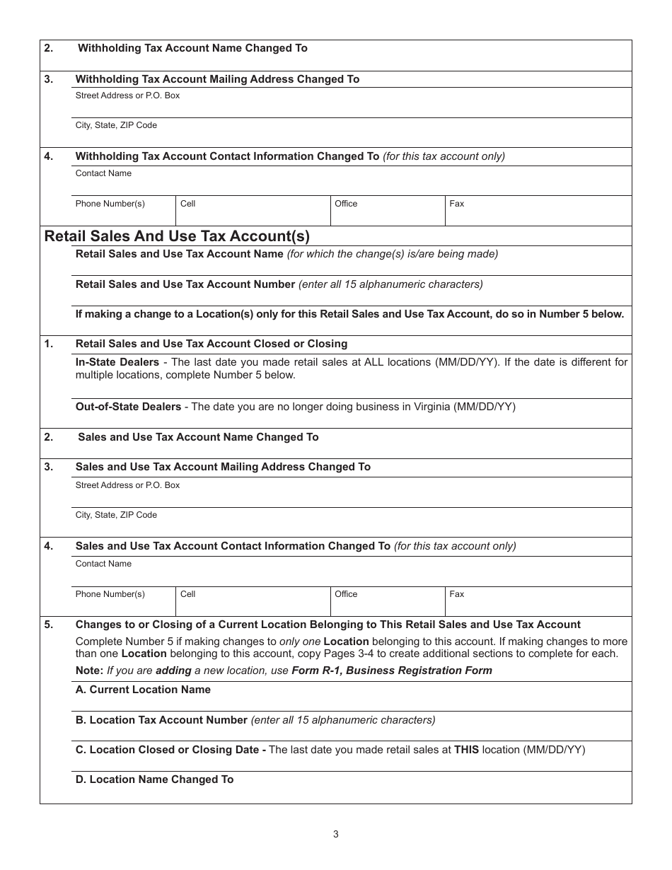 Form R-3 Change to a Registered Business and / or Tax Account - Virginia, Page 3