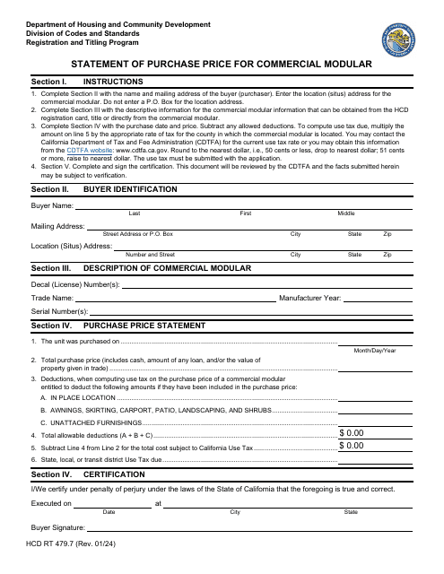 Form HCD RT479.7 Statement of Purchase Price for Commercial Modular - California