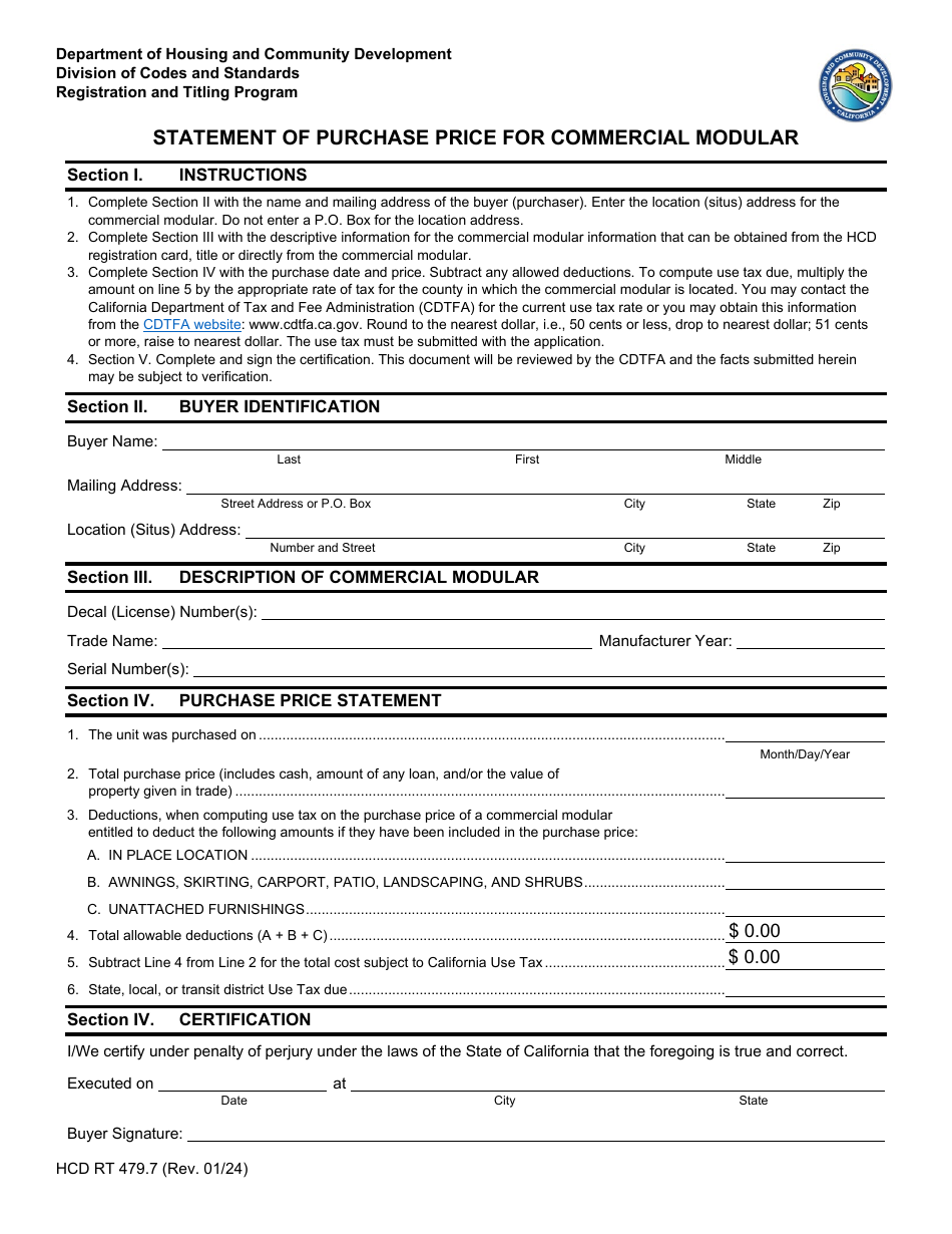 Form HCD RT479.7 Statement of Purchase Price for Commercial Modular - California, Page 1