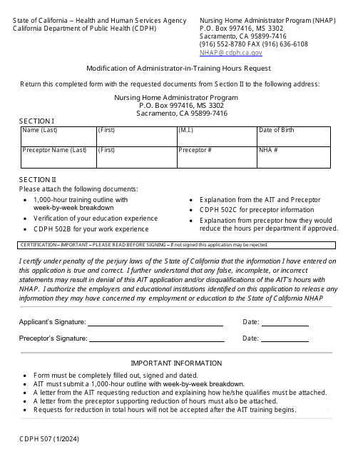 Form CDPH507 Modification of Administrator-In-training Hours Request - California