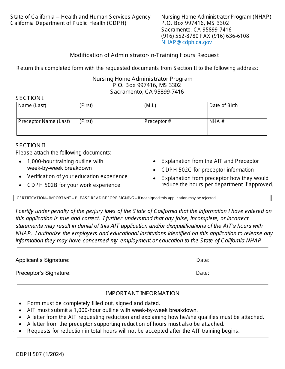 Form CDPH507 Modification of Administrator-In-training Hours Request - California, Page 1